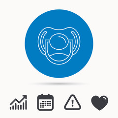 Obraz premium Pacifier icon. Nipple or dummy sign. Newborn child relax equipment symbol. Calendar, attention sign and growth chart. Button with web icon. Vector