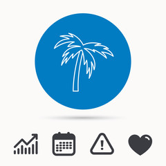 Palm tree icon. Travel or vacation symbol. Nature environment sign. Calendar, attention sign and growth chart. Button with web icon. Vector