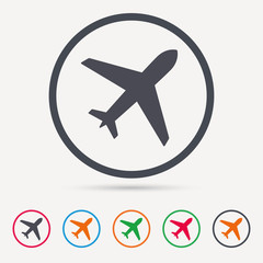 Plane icon. Flight transport symbol. Round circle buttons. Colored flat web icons. Vector