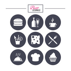 Food, drink icons. Coffee and hamburger signs.
