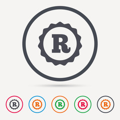 Obraz premium Registered trademark icon. Intellectual work protection symbol. Round circle buttons. Colored flat web icons. Vector