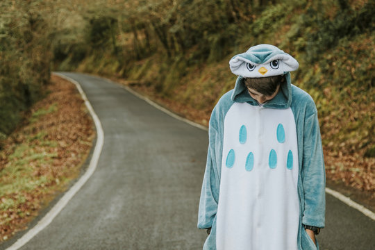 crestfallen child dressed up as outdoor
