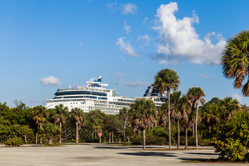 the Great view of luxury cruise ship from parking lot.