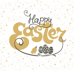 Happy Easter greeting card. Gift eggs and chicken.
