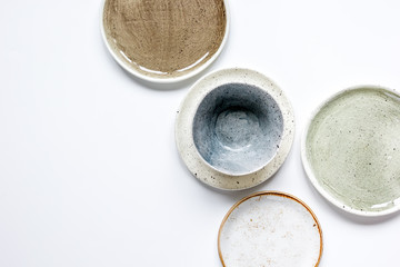 ceramic tableware top view on white background mock up