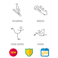 Fishing, figure skating and bobsled icons. Ski jumping linear sign. Shield protection, calendar and new tag web icons. Vector