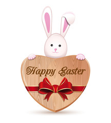 Easter bunny and wooden heart isolated on white background. Cute Easter bunny holding a big wooden heart with an inscription - Happy Easter. Wooden heart tied with red ribbon. Vector illustration