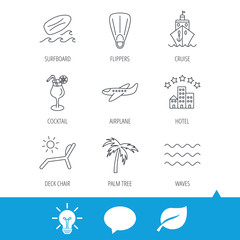 Cruise, waves and cocktail icons. Hotel, palm tree and surfboard linear signs. Airplane, deck chair and flippers flat line icons. Light bulb, speech bubble and leaf web icons. Vector