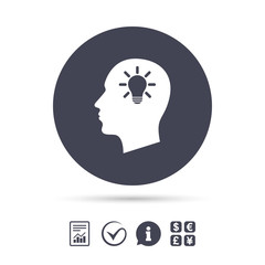 Head with lamp bulb sign icon. Male human head.