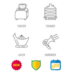 Steamer, hairdryer and toaster icons. Juicer linear signs. Shield protection, calendar and new tag web icons. Vector