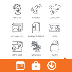 Microwave oven, hair dryer and blender icons. Refrigerator fridge, coffee maker and toaster linear signs. Ventilator, curling iron and waffle-iron icons. Download arrow, locker and calendar web icons