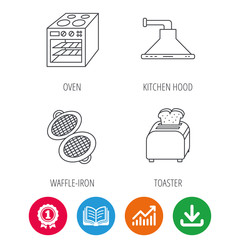 Oven, toaster and waffle-iron icons. Kitchen hood linear sign. Award medal, growth chart and opened book web icons. Download arrow. Vector