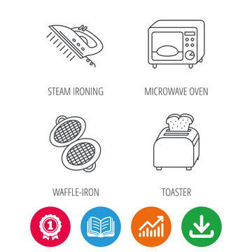 Microwave oven, waffle-iron and toaster icons. Steam ironing linear sign. Award medal, growth chart and opened book web icons. Download arrow. Vector