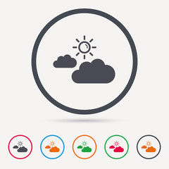 Cloud with sun icon. Sunny weather symbol. Round circle buttons. Colored flat web icons. Vector