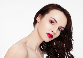 Beauty red lips makeup fashion model curly hair