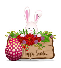 Cute bunny wishes Happy Easter. Wooden board with ornament flowers and greeting inscription - Happy Easter. Wooden signboard with Easter message. Easter lettering card. Vector illustration