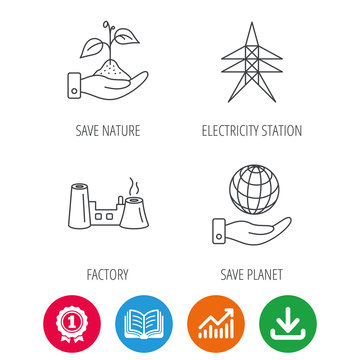 Save nature, planet and factory icons. Electricity station linear sign. Award medal, growth chart and opened book web icons. Download arrow. Vector
