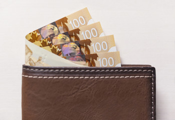 Canadian Dollars and credit cards in brown coloured leather wallet