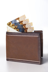 Canadian Dollars and credit cards in brown coloured leather wallet