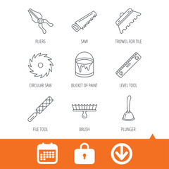 Trowel for tile, saw and brush tool icons. Level and file tool, bucket of paint linear signs. Plunger, pliers icons. Download arrow, locker and calendar web icons. Vector