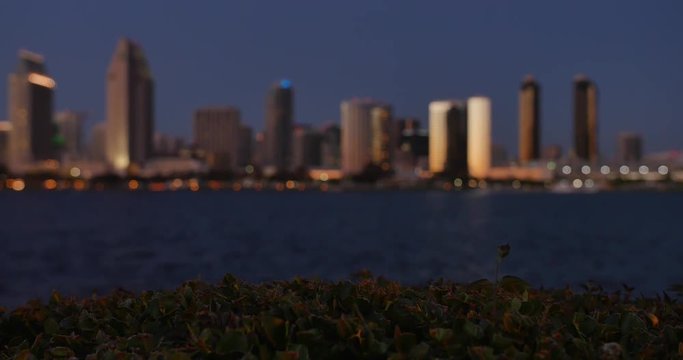 SAN DIEGO, CA - Circa February, 2017 - A picturesque defocused slow dollying establishing shot of the San Diego skyline at dusk.	 	
