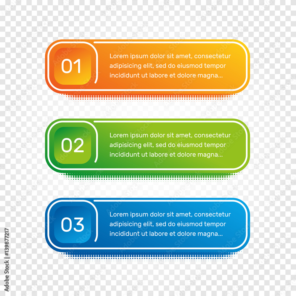 Aufkleber Layout workflow. Outline colorful menu for app interface. Number options. Web design of buttons elements. Infographics 1. 2. 3. vector template. Text illustration.