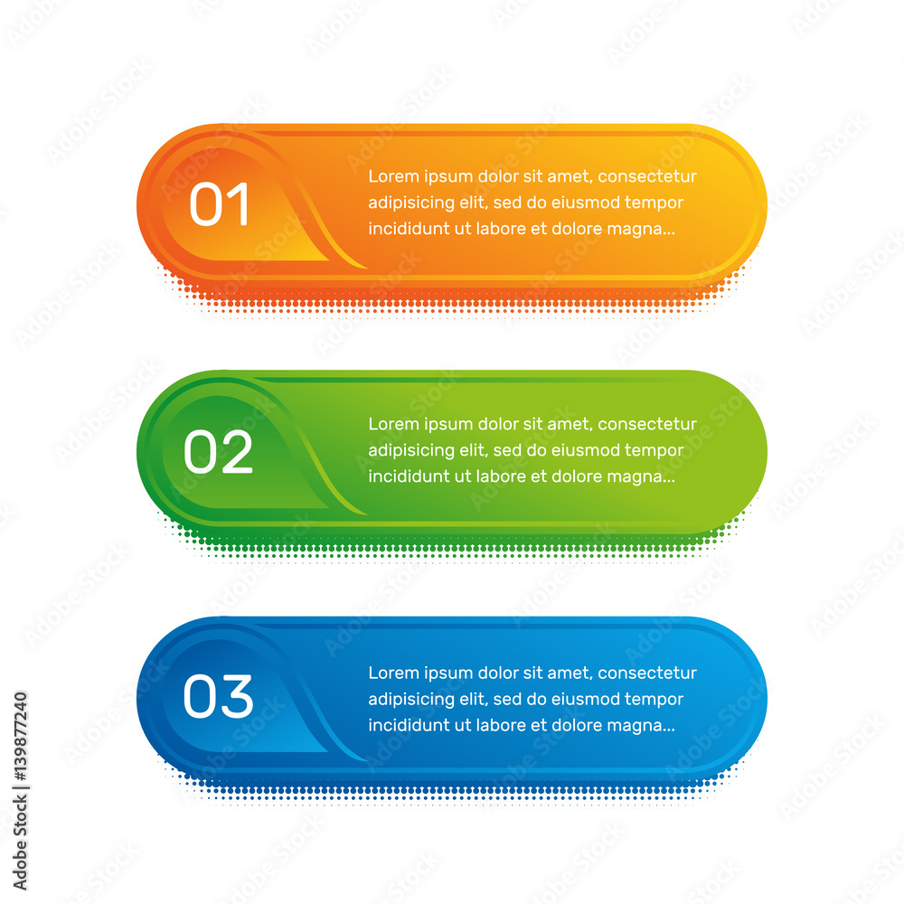 Aufkleber Layout workflow. Outline colorful menu for app interface. Number options. Web design of buttons elements. Infographics 1. 2. 3. vector template. Text illustration.