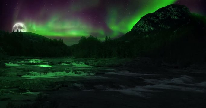 VFX Shot - Aurora Borealis And Supermoon Above A River, Norway
