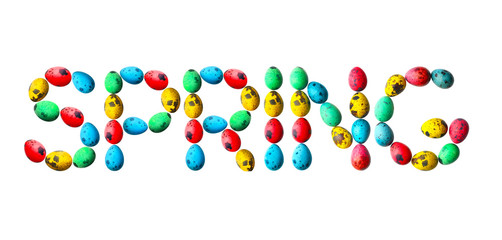 Word SPRING made of eggs on white background