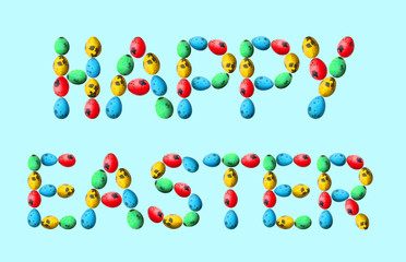 Text HAPPY EASTER made of eggs on color background