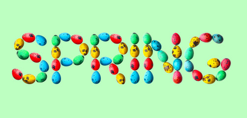 Word SPRING made of eggs on color background