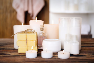 Spa treatments on wooden table