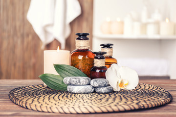 Spa composition on wicker mat in salon