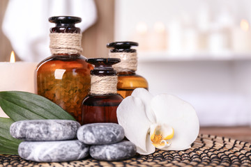 Spa composition on wicker mat in salon