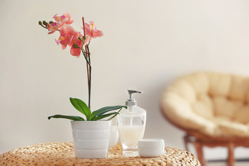 Beautiful spa composition in salon on blurred background