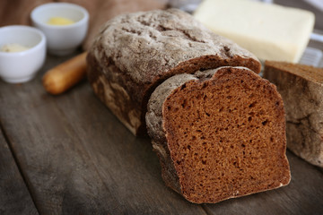 Sliced loaf of beer bread on table