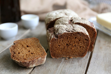 Sliced loaf of beer bread on table