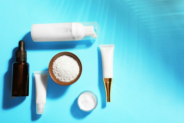 Different cosmetic on color background