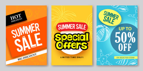 Summer sale vector web banner designs and special offers for summer holiday store shopping promotion with colorful backgrounds and elements. Vector illustration.
