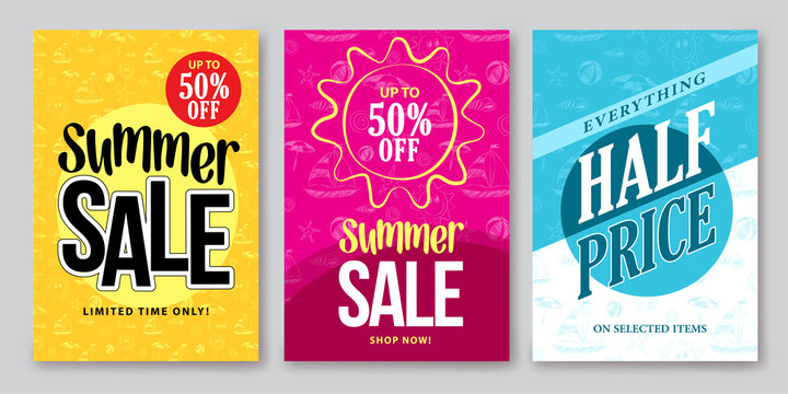 Summer sale vector banner designs set for season shopping discount promotion with colorful backgrounds and patterns. Vector illustration.
