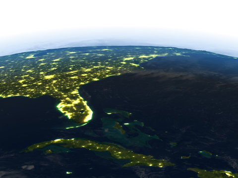 East coast of USA at night on planet Earth