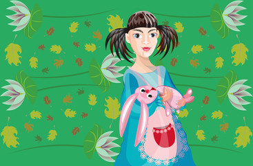 vector illustration with a sweet asian little girl with a toy on a stylish background