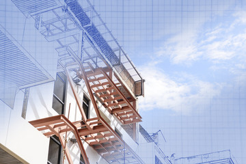 The abstract scene of real and blueprint of home building construction