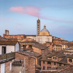 Fototapeta na wymiar pink cloud above the towers of cathedral in Siena in Tuscany in Italy