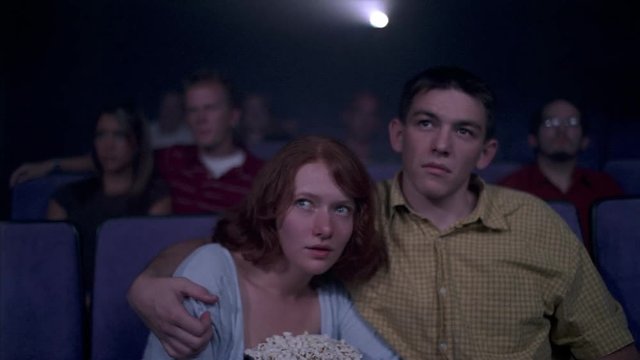 Young couple watching scary film in a  movie theater