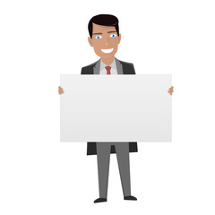 White Board for business. Man in the suit holding blank sign.