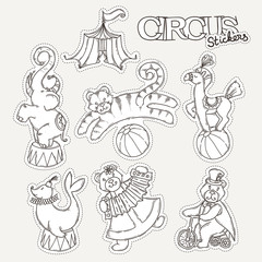 Circus cartoon icons collection with chapiteau tent and trained wild animals.