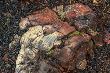 Frozen volcanic emissions covered with moss. North Breakthrough Great Tolbachik Fissure Eruption 1975