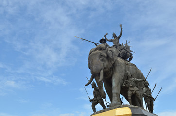 The elephant statue in the blue sky,Monument of King Naresuan at Suphanburi province in Thailand