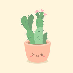 Cute Cactus Succulent in Pot with Funny Smile Face Cartoon Vector Illustration